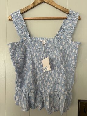 LC Lauren Conrad Blue and White Smocked Ruffle Tank Top
